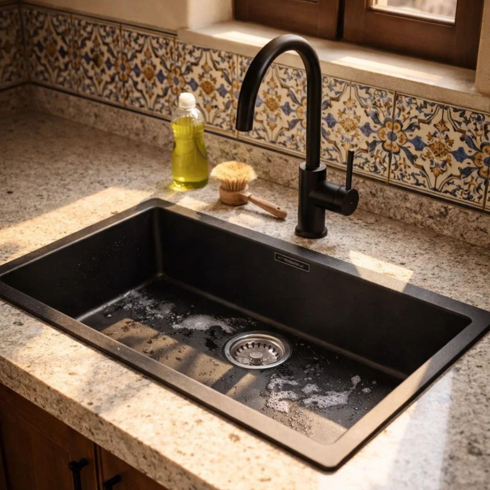 Luquicina LD740BL – Fregadero de cocina de composite negro de 1,0 senos, empotrable o bajo encimera, sin escurridor 