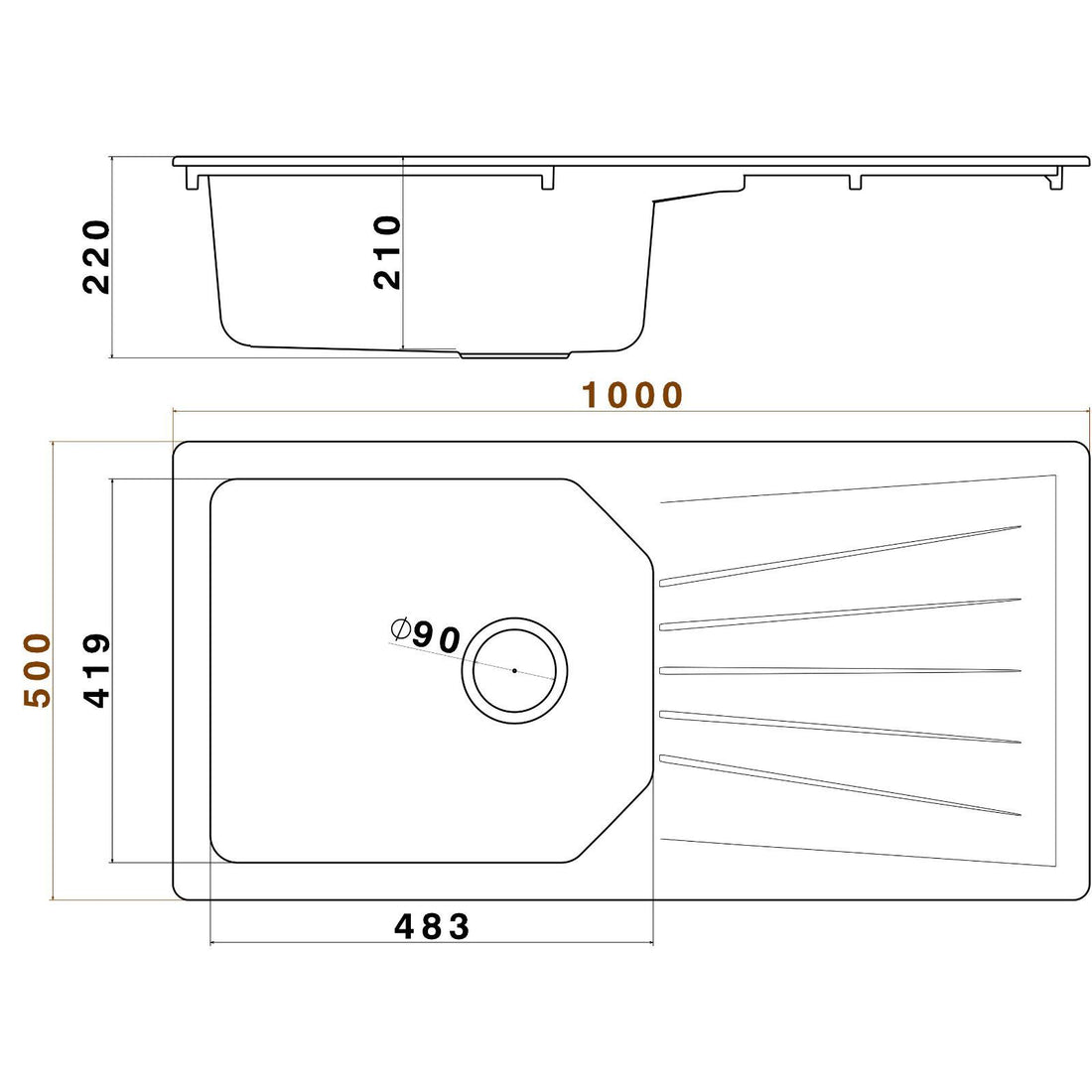 Luquicina LD100BL – Fregadero de cocina reversible de 1 cubeta XL con escurridor, color negro 