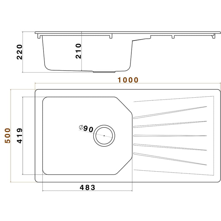 Luquicina LD100BL – Fregadero de cocina reversible de 1 cubeta XL con escurridor, color negro 