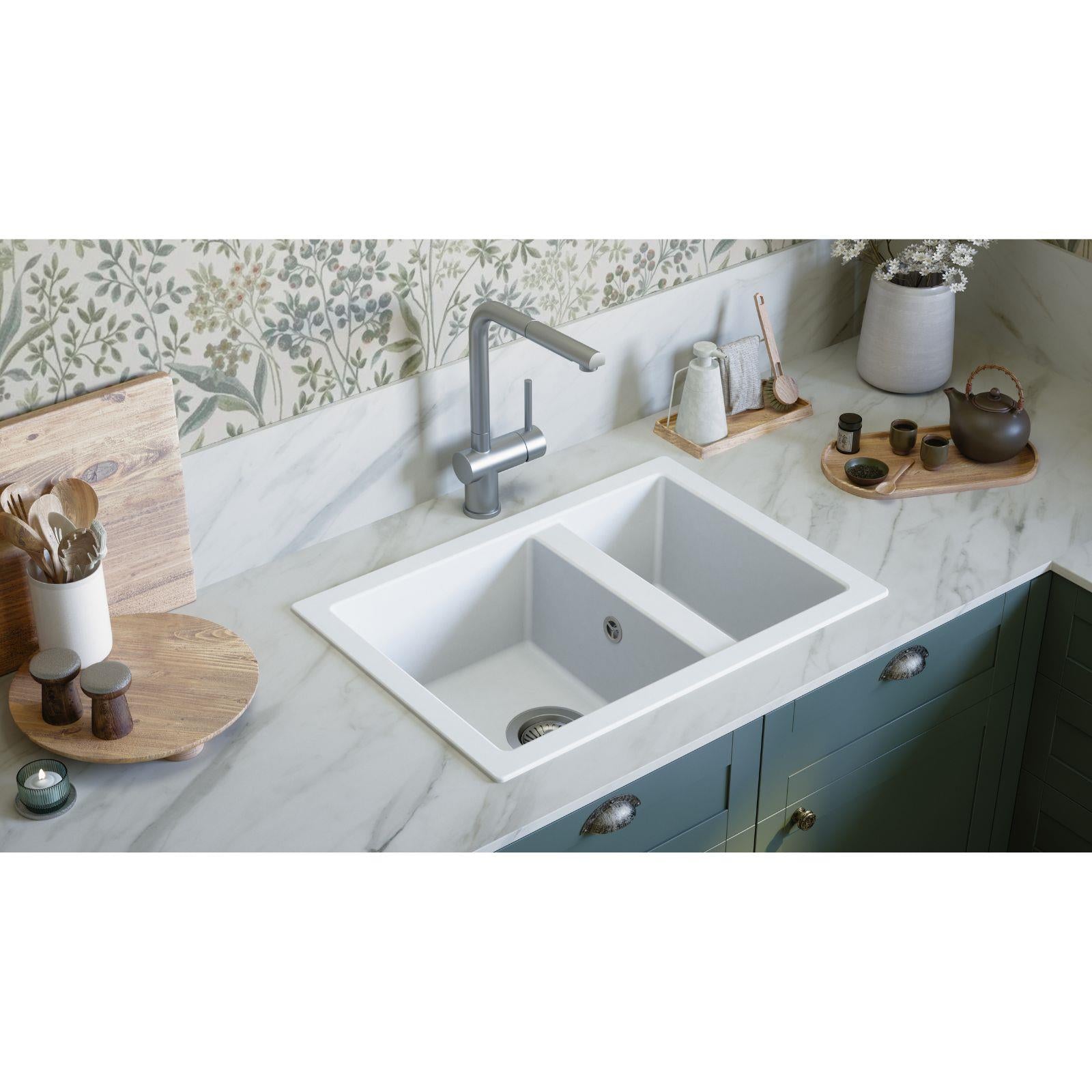 Fregadero empotrable o bajo encimera de cocina Luquicina LS62WH todo blanco – 1,5 senos sin escurridor – Composite BIO – 62 x 44 x 19 cm
