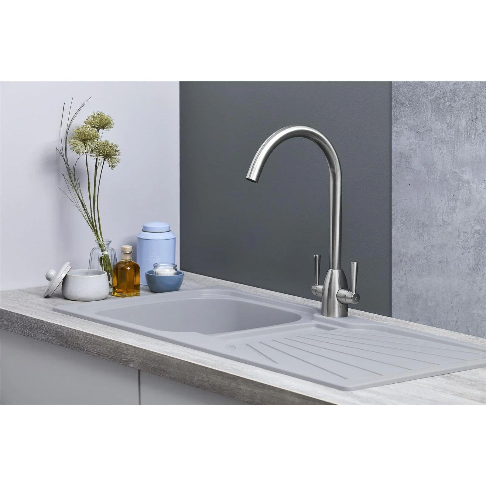 Luquicina LC5LG – Fregadero de cocina reversible de 1,0 senos con desagüe, encastrable, color gris claro 