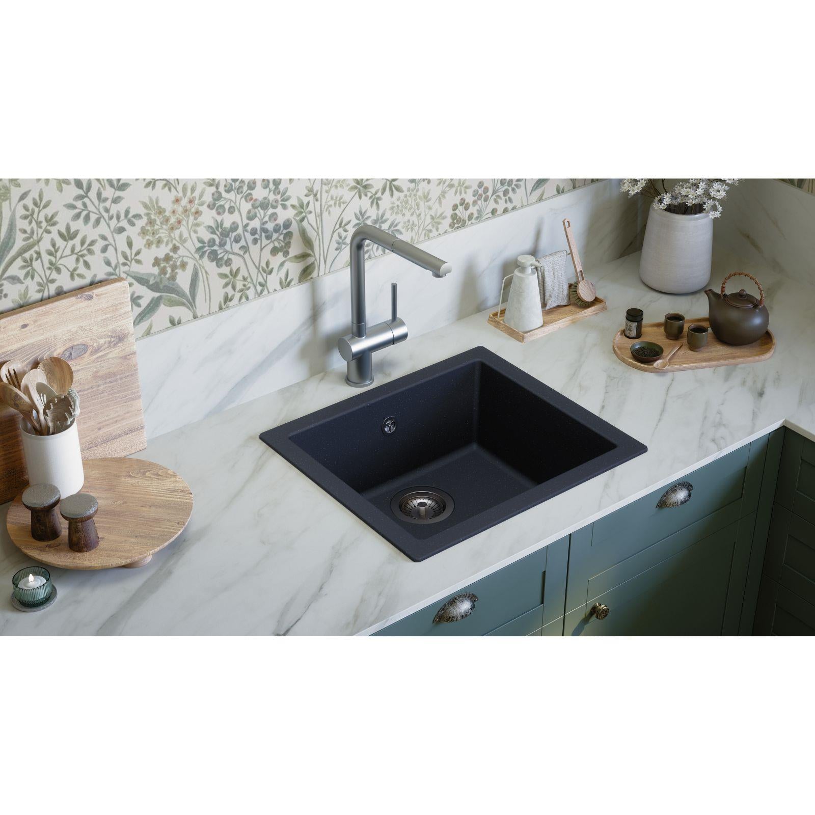 Fregadero empotrable o bajo encimera de cocina Luquicina LS50BL todo negro – 1 seno sin escurridor – Composite BIO – 50 x 44 x 19 cm