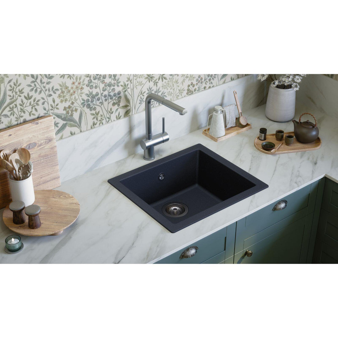 Fregadero empotrable o bajo encimera de cocina Luquicina LS50BL todo negro – 1 seno sin escurridor – Composite BIO – 50 x 44 x 19 cm