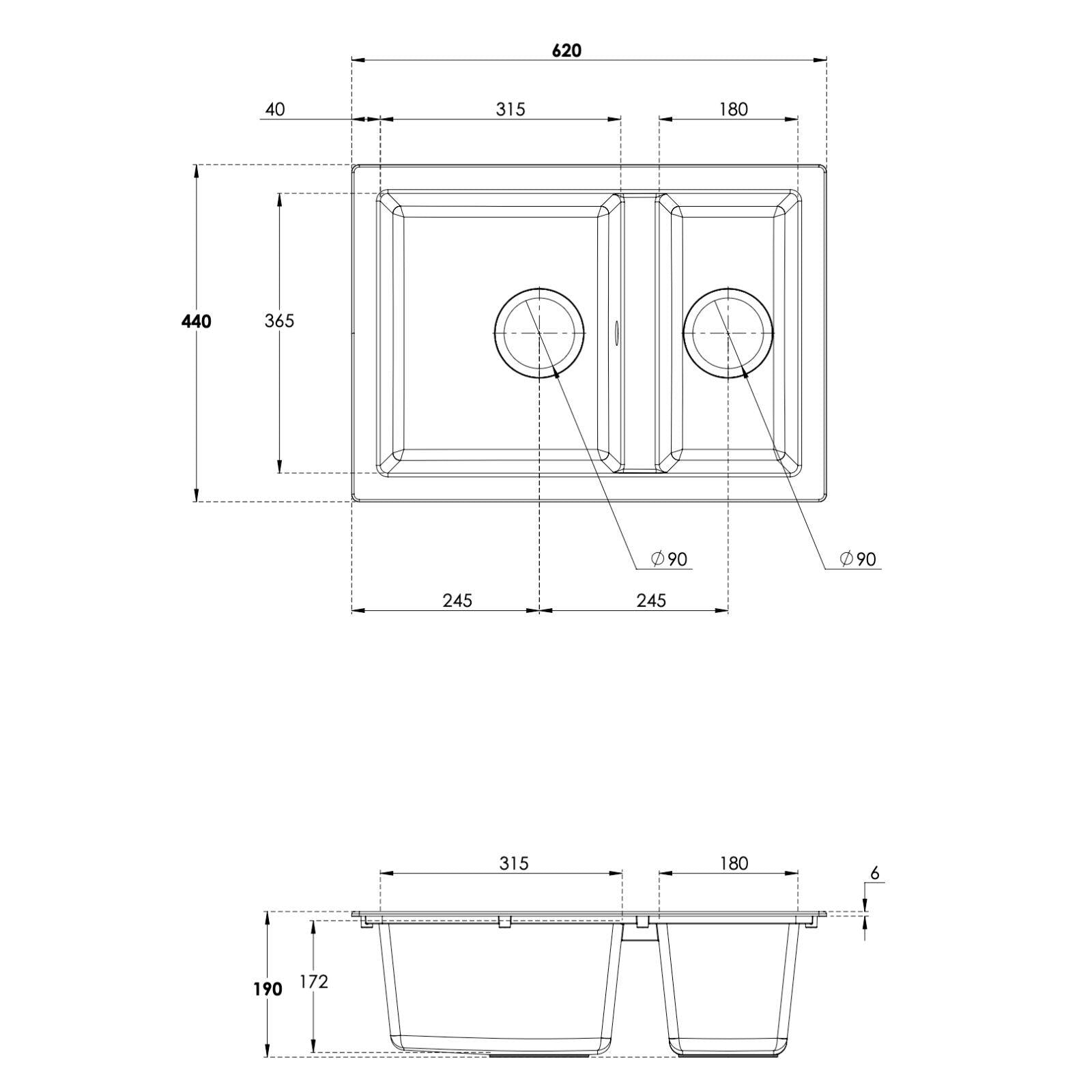 Fregadero empotrable o bajo encimera de cocina Luquicina LS62BL todo negro – 1,5 senos sin escurridor – Composite BIO – 62 x 44 x 19 cm