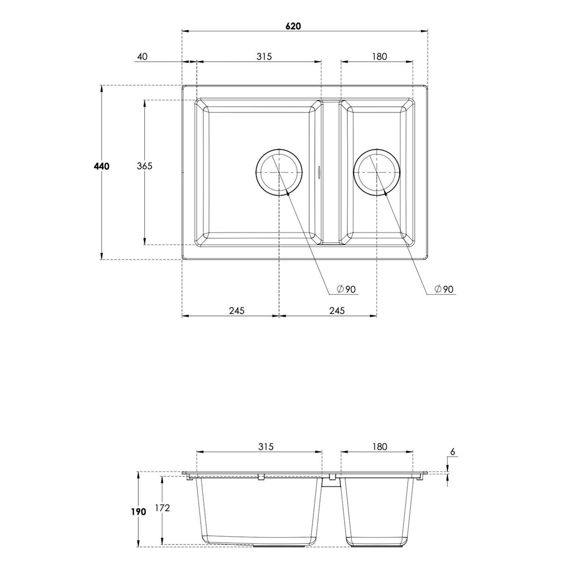 Fregadero empotrable o bajo encimera de cocina Luquicina LS62BL todo negro – 1,5 senos sin escurridor – Composite BIO – 62 x 44 x 19 cm